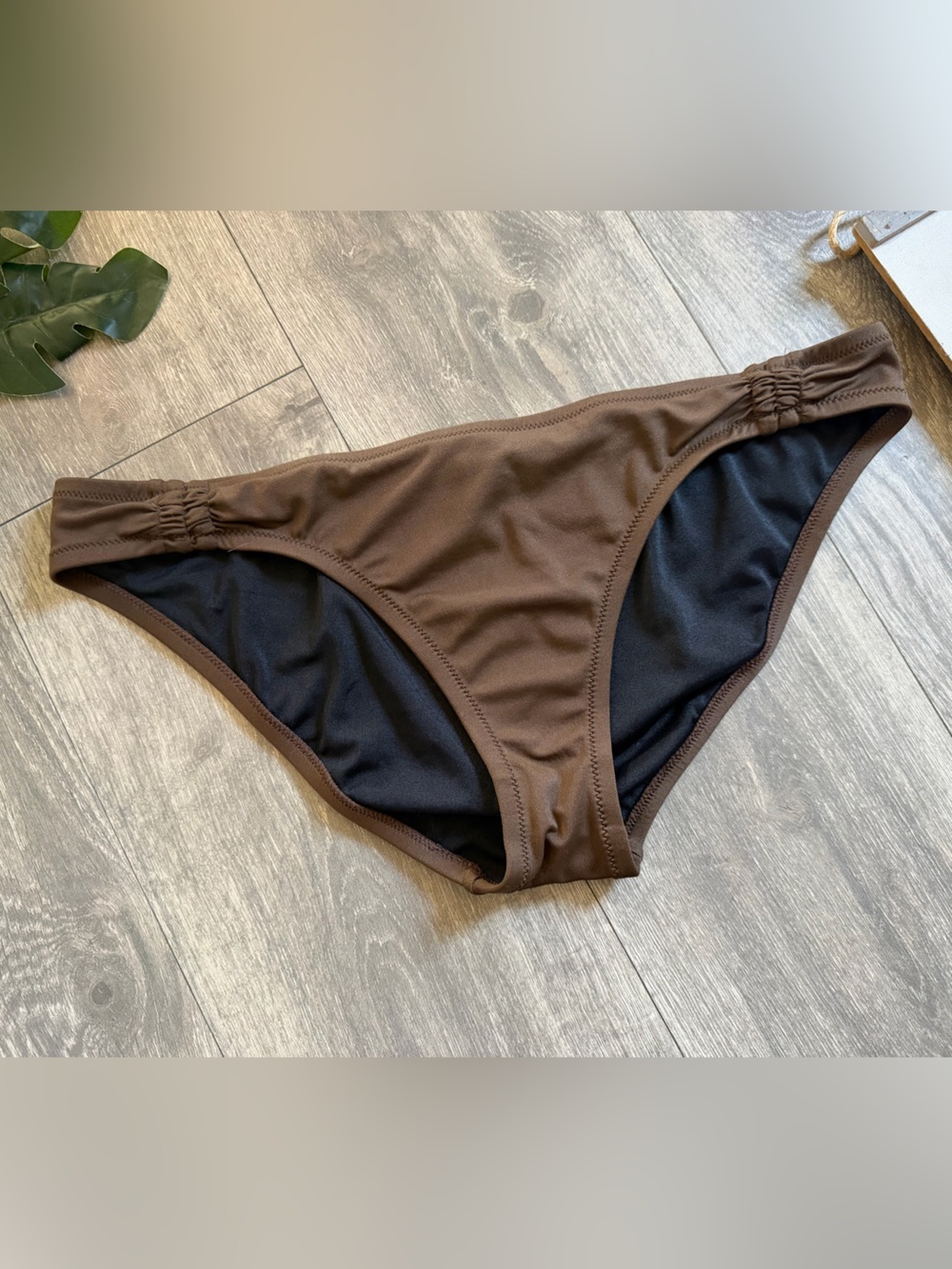 J. Crew Solid Chocolate Brown Bikini Bottom with Ruched Sides. Size L
